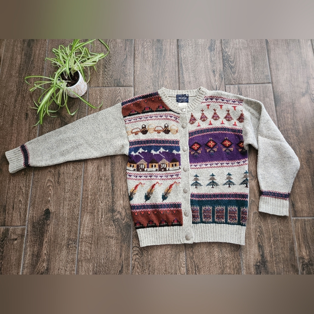 Vintage Southwest Winter Knit Wool Cardigan Sweater Sz Large